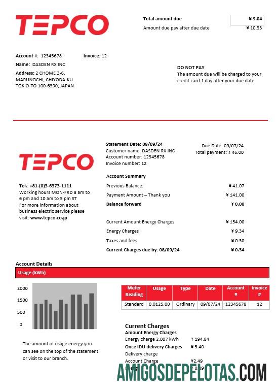 realista Modelo de conta de serviços públicos de eletricidade da Japan Tokyo Electric Power Company em formato Word e PDF
